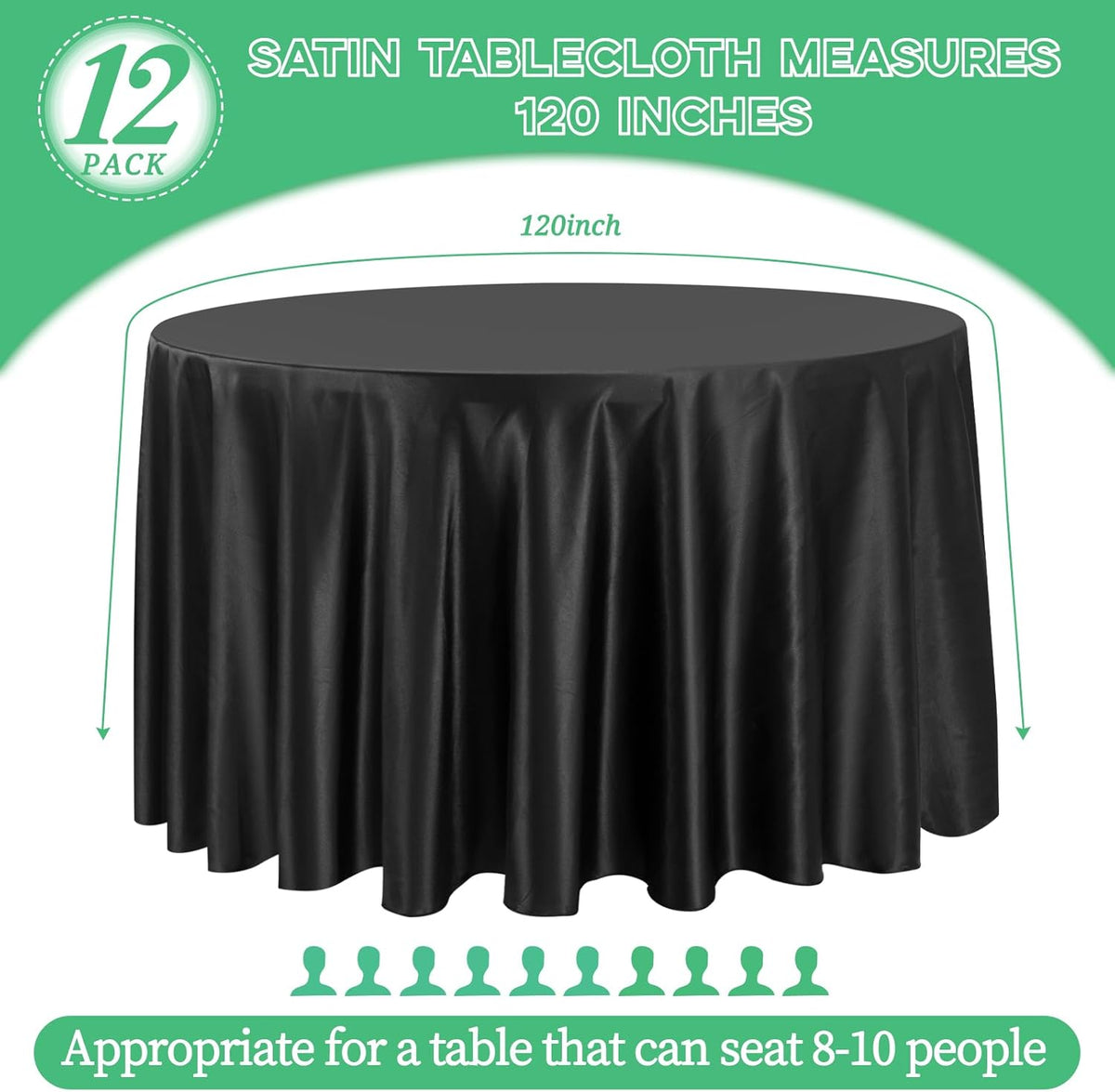 fani 12 Pack 120 Inch Black Satin Tablecloth - Premium Bright Silky Round Tablecloth Overlay Smooth