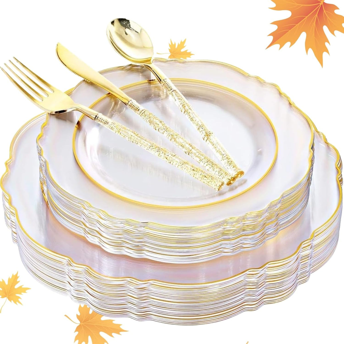 Liacere 150PCS Clear Gold Plastic Plates - Disposable Plastic Silverware with Glitter Bamboo Handle