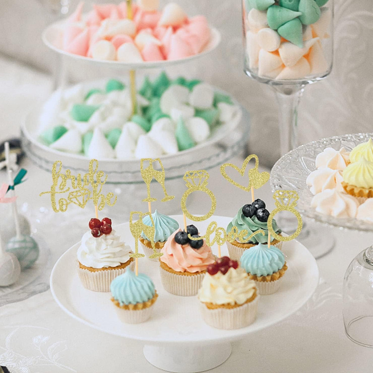 35 PCS Glitter Diamond Ring Bride to be Love Cupcake Topper Champagne Cake Picks Decorations for