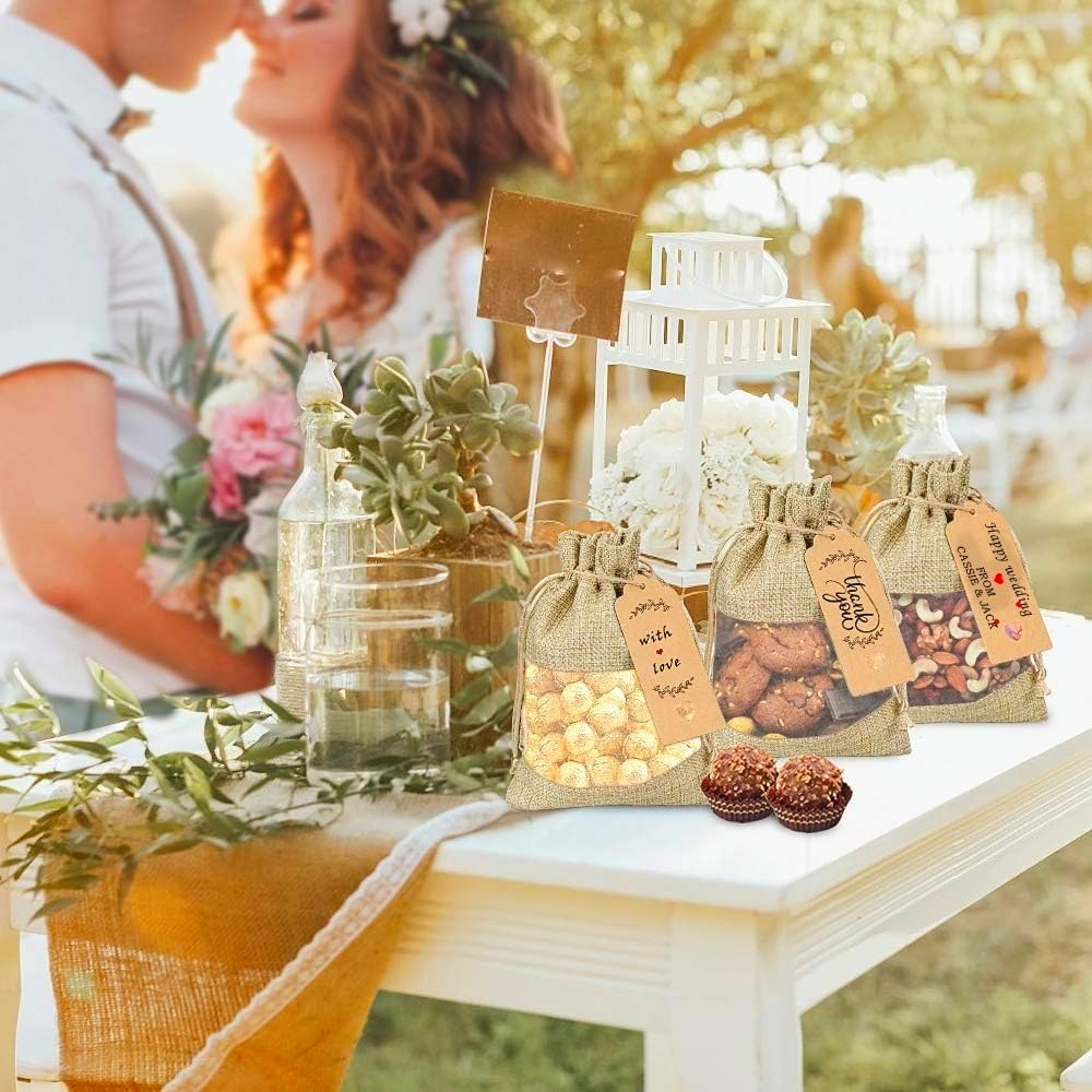 GIOIPC 50Pcs 8 x 12 Inch Linen Burlap Sheer Bags with Drawstring and Bonus Gift Tags for Wedding