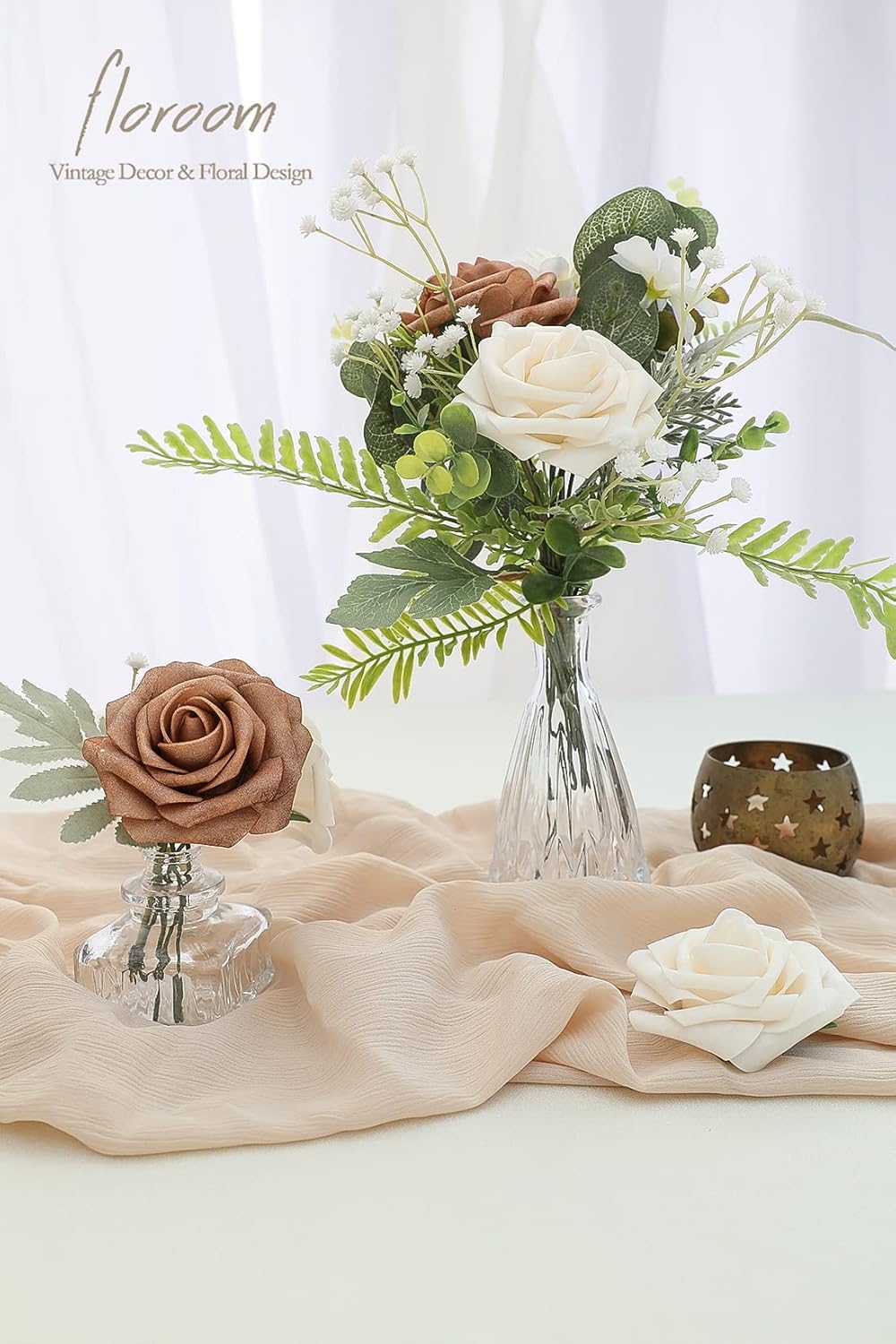 Floroom Artificial Flowers 25pcs Real Looking Gold Sparrow & Cream Foam Fake Roses with Stems for