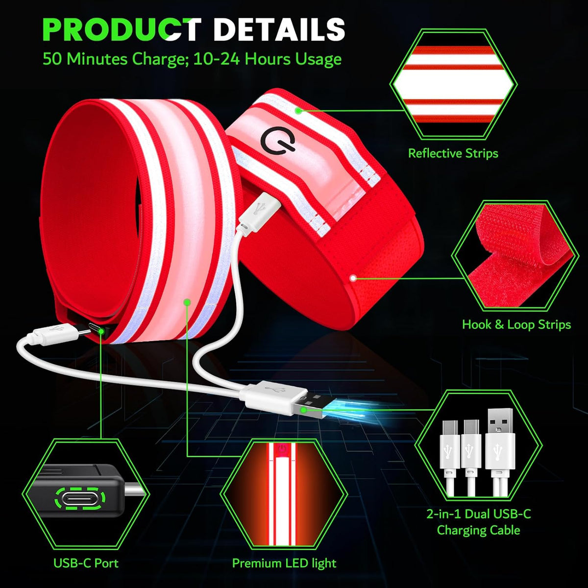 LED Armband for Running(2 Pack),Light Up Arm Bands for Night Walking Running,Rechargeable Lights