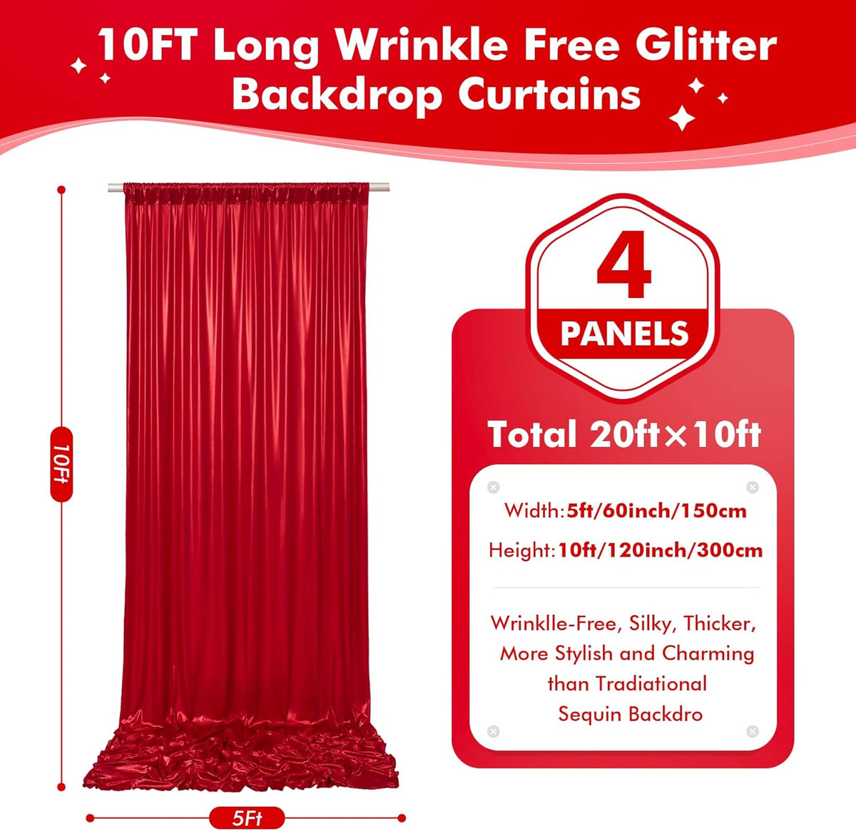 20x10ft Shimmer Red Sequin Backdrop Curtain for Parties, Thick Wrinkle Free Glitter Backdrop Drapes