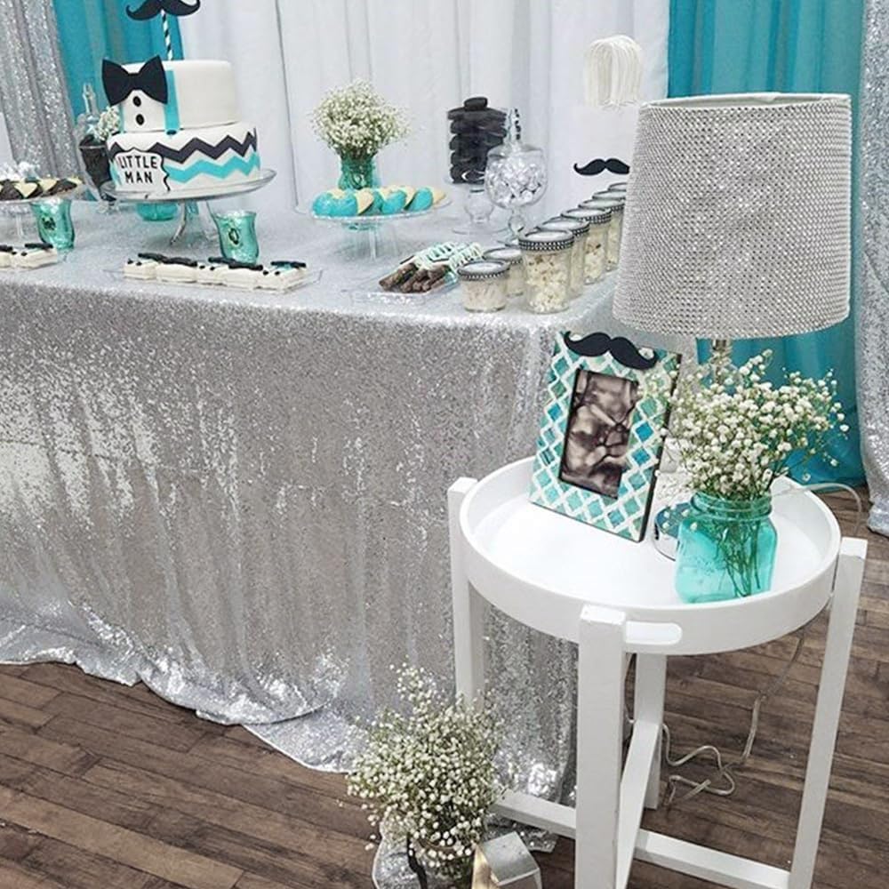 ShinyBeauty 2 Pack 72x72 Inch Silver Sequin Tablecloths - Elegant Square Glitter Tablecloth for