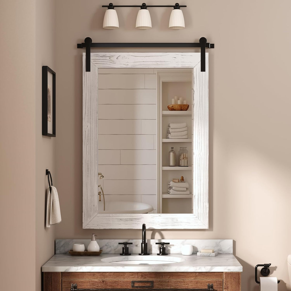 COGOOD Farmhouse Bathroom Mirror - 42 x 29 Rustic Barn Door Style Mirror for Living Room, Entryway