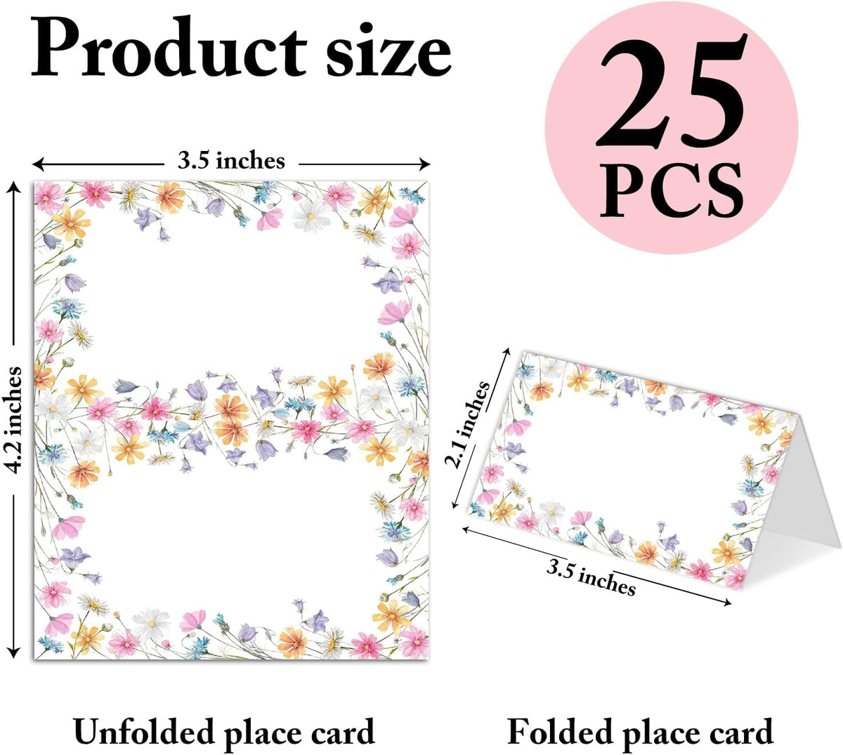 25 Pack Wildflowers Place Cards, Editable Name Cards for Table Setting, Tent Cards Food Label for