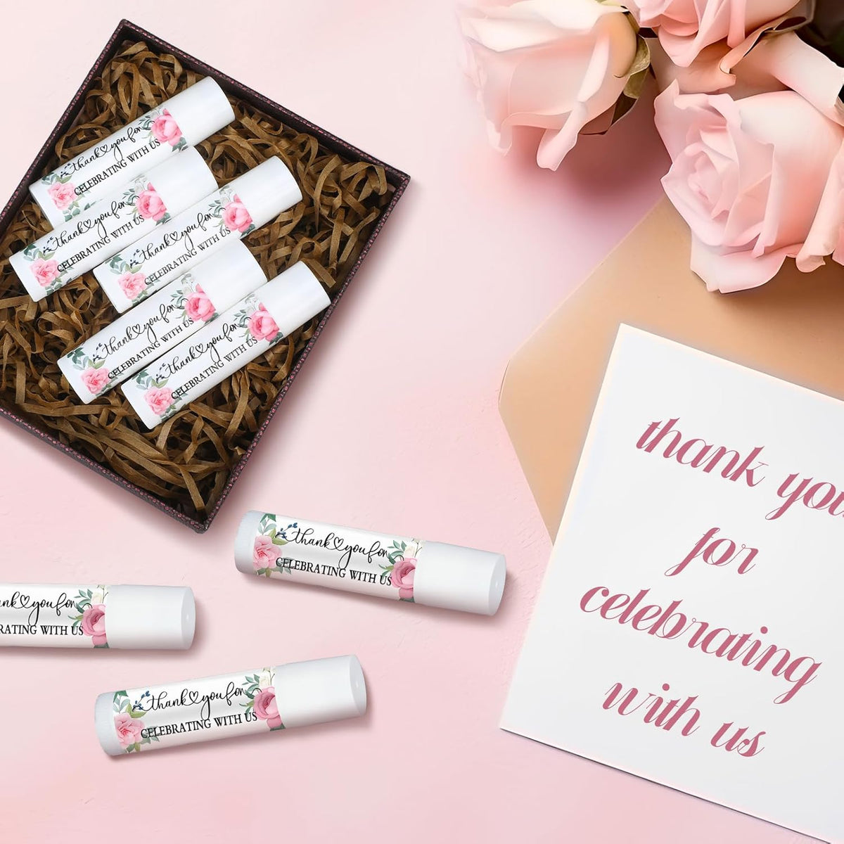 50 Pcs Pink Flowers Wedding Bridal Shower Gifts Bulk Floral Lip Balm Baby Shower Party Favors Thank