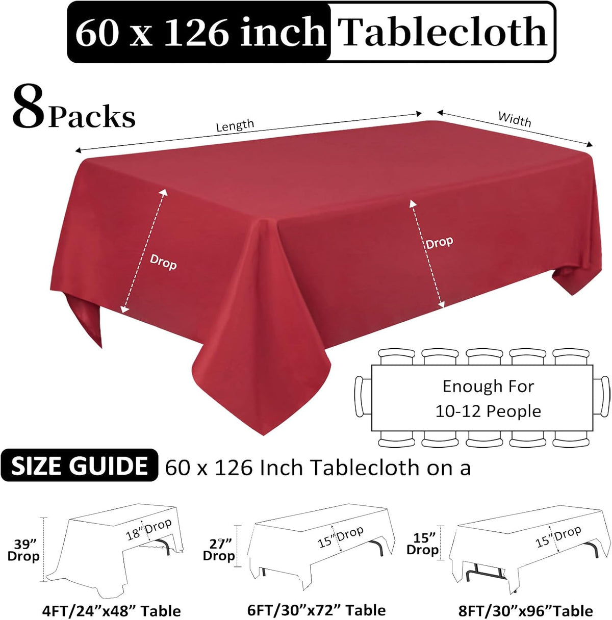CozRhythm 8 Pack Red Tablecloth 60 x 126 Inch Rectangular Tablecloths for 8 Foot Rectangle Tables