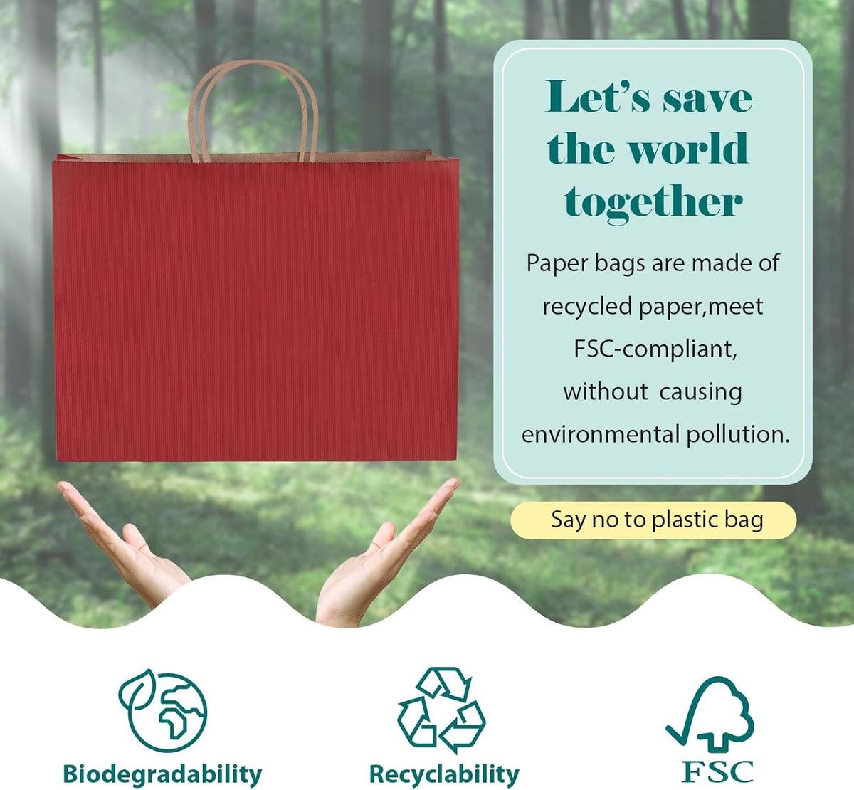 GSSUSA Gift Bags Large with Handles 16x6x12 Red 50Pcs, Kraft Paper Bags Bulk for Small Business