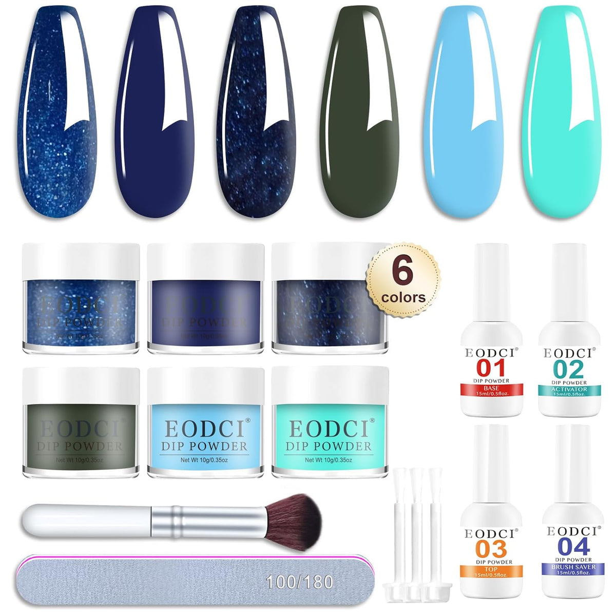 12 Pcs Glitter Blue Dip Powder Nail Kit Starter, Dark Green Blue Snow Dipping Powder Kit With Base