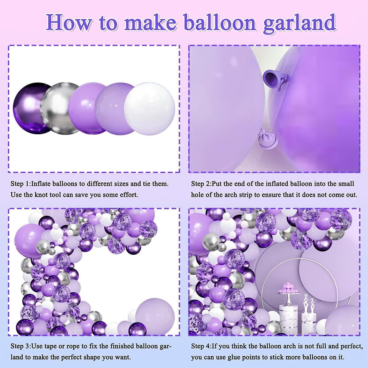 Purple Balloons Garland Arch Kit,144pcs Lavender Purple Pastel Purple Confetti Balloons with Silver