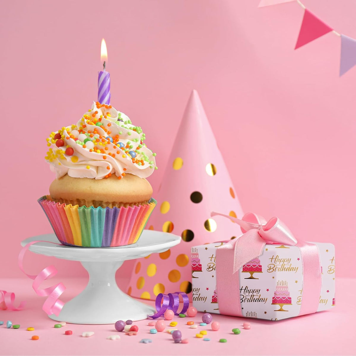 Aimyoo Pink Birthday Wrapping Paper Roll - 17 Inch X 32.8 Feet - Gold Foil Celebration Cake, Happy