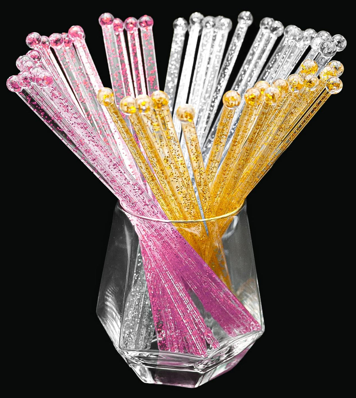 100-PCS Gold Pink Silver Glitter Plastic Swizzle Sticks, Crystal Cake Pops, Cocktail Coffee Drink