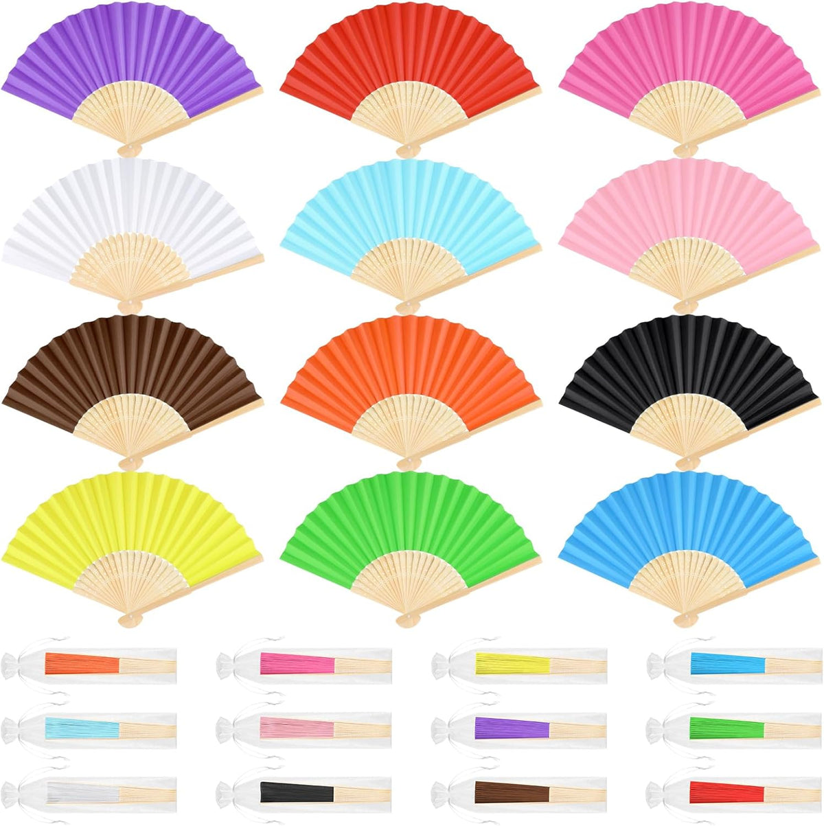 12 Pieces Hand Held Bamboo Folding Fans Paper Fans Handheld for Women Foldable Girls Wedding