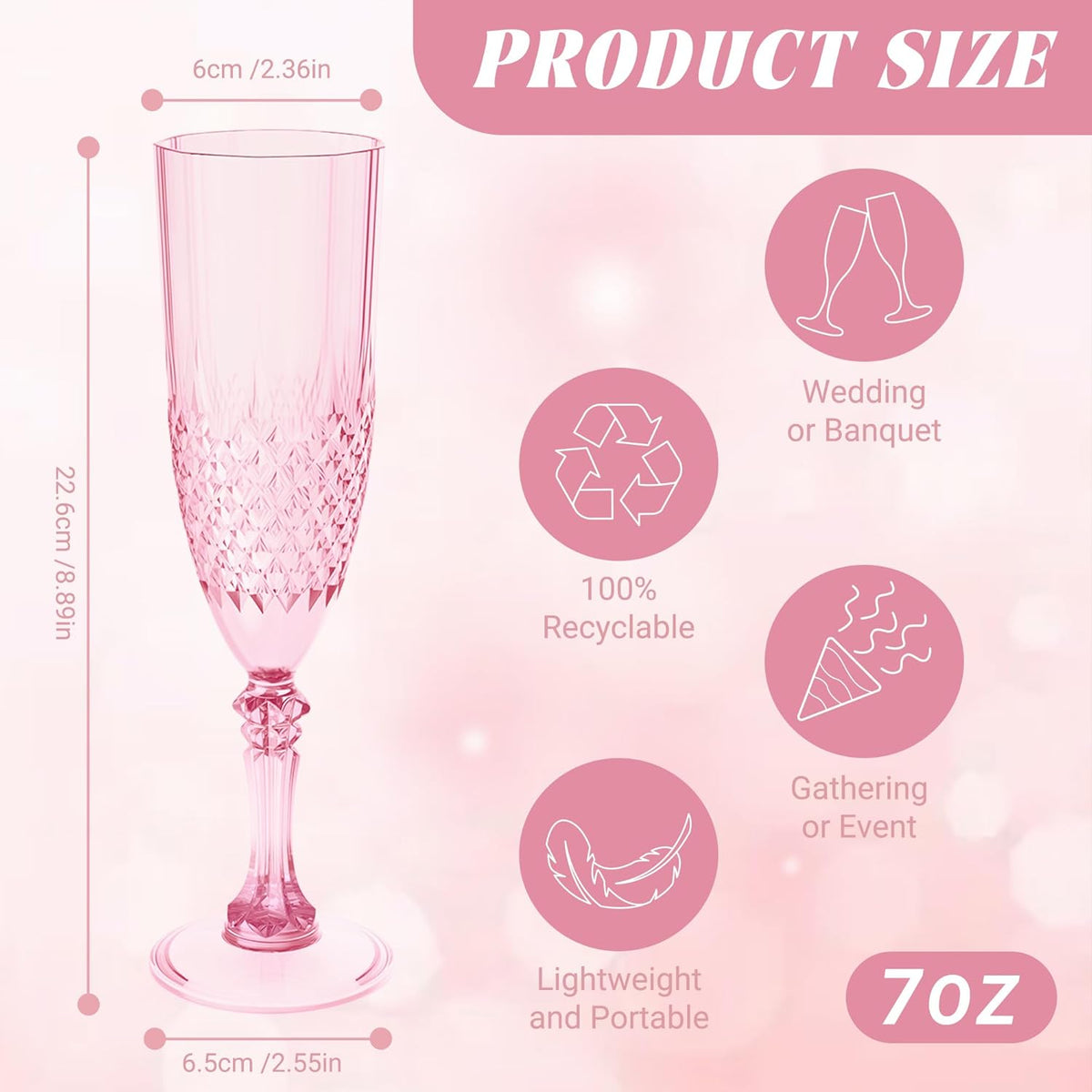 Plastic Champagne Flutes, 100PCS Pink Wine Glasses Goblets Cups Reusable Flute, for Weddings