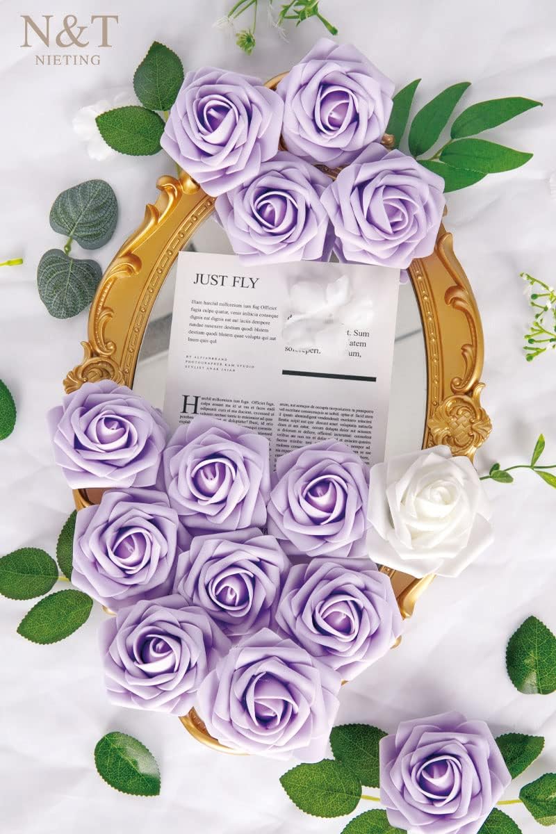 N&T NIETING Artificial Flowers, 50pcs Lavender Fake Rose Flowers with Stem for DIY Wedding Bouquets