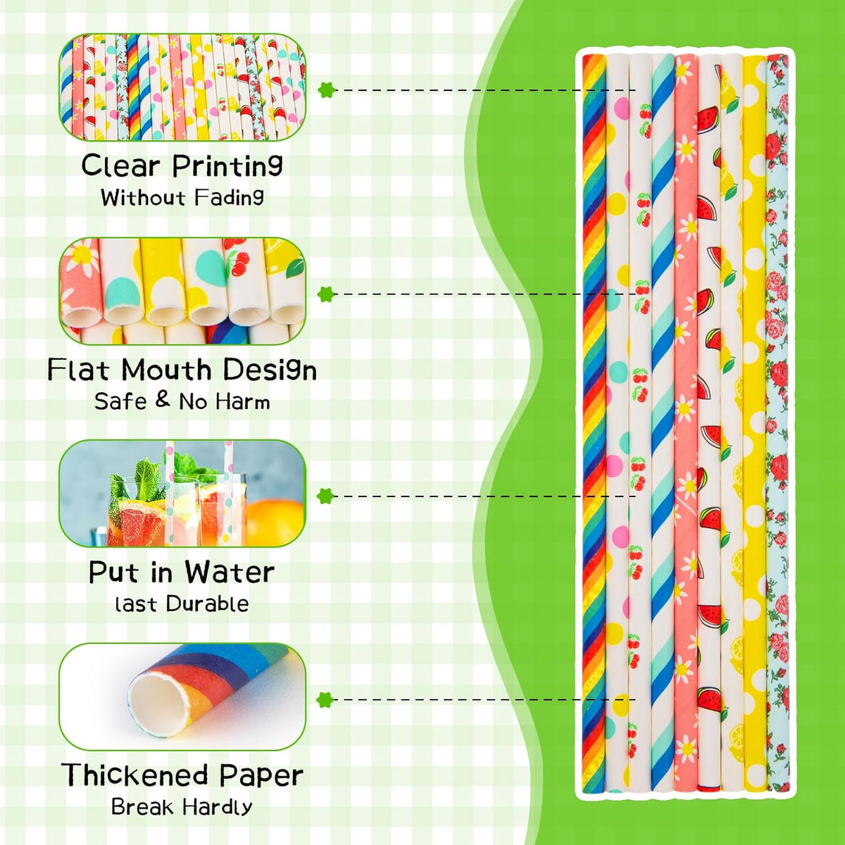 HAKACC 180PCS Paper Straws for Drinking, 9 Different Patterns Party Straws Disposable Drinking
