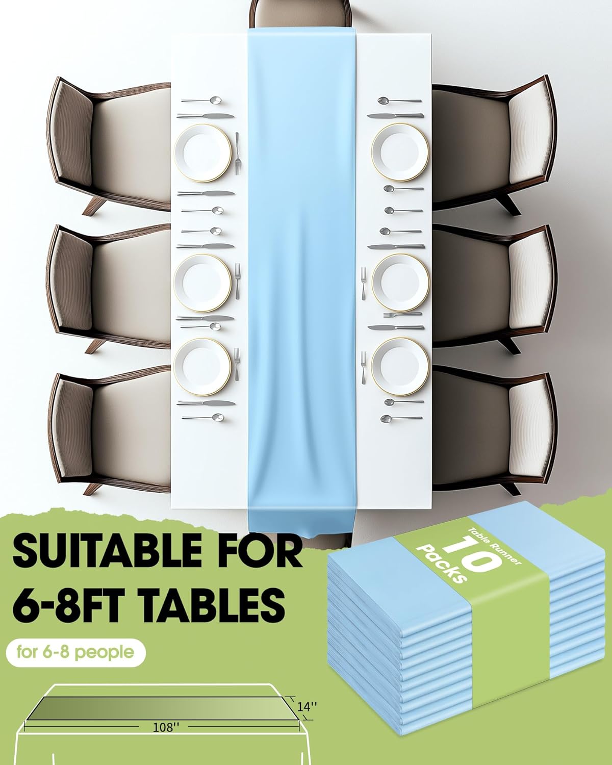 Pureegg Light Blue Plastic Table Runners - 10 Pack, 14'' x 108'', Water Resistant & Disposable