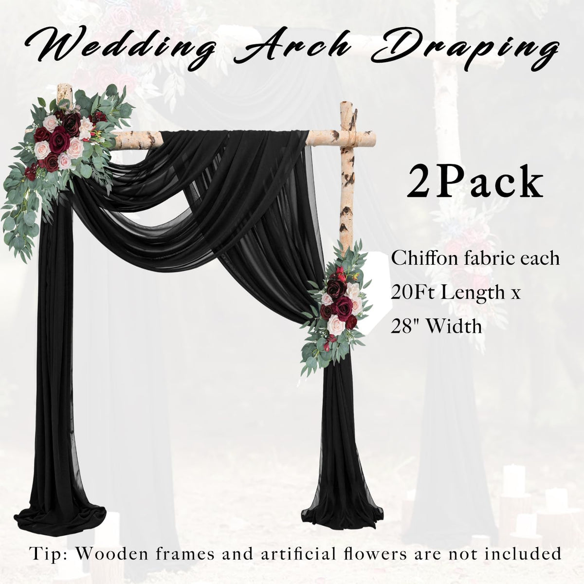 20Ft Length x 28" Width 2 Panels Wedding Arch Draping Fabric Black Arch Drapes Chiffon Fabric Sheer