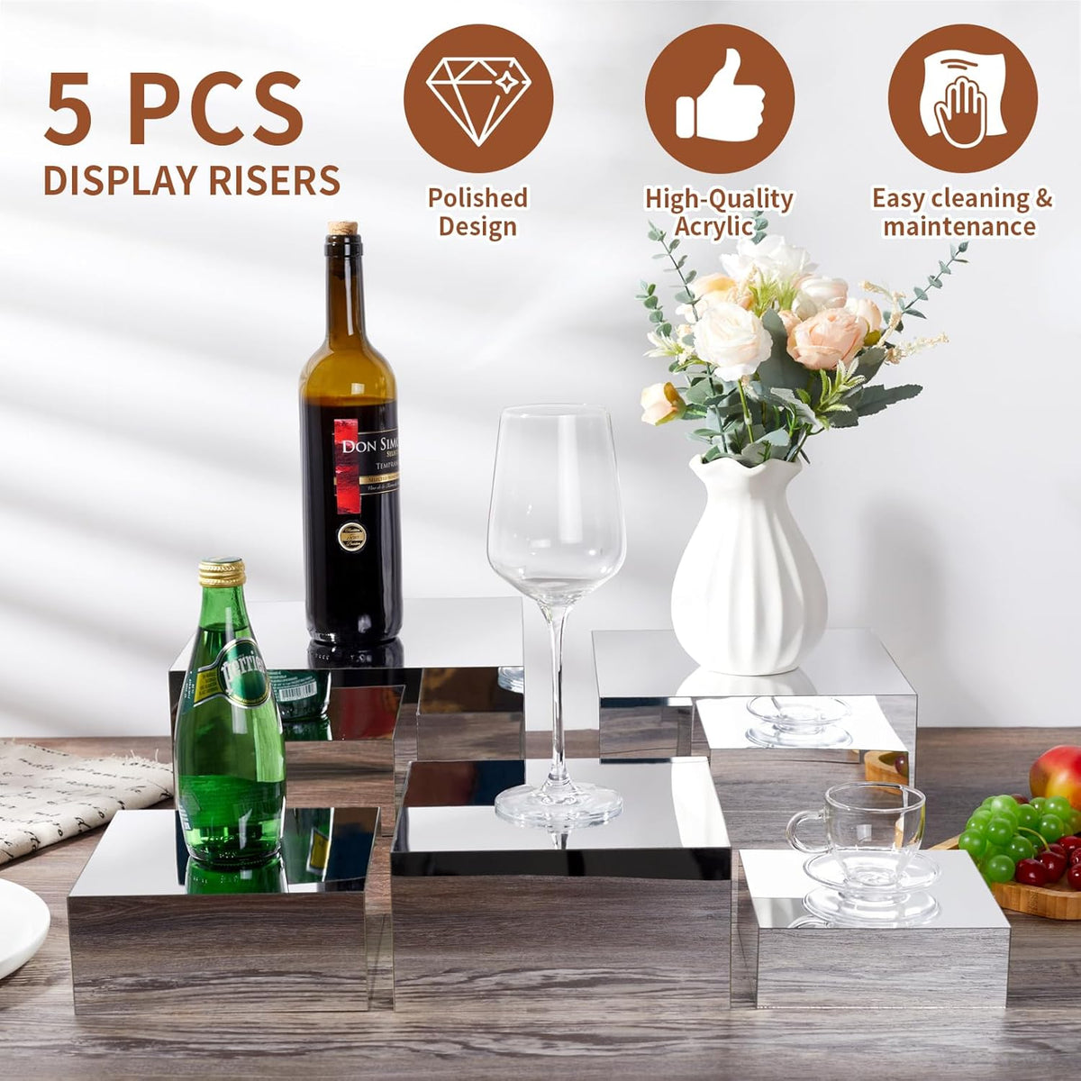 Acrylic Risers for Display 5 Pcs, Food Risers for Party Silver Acrylic Risers Display Stands