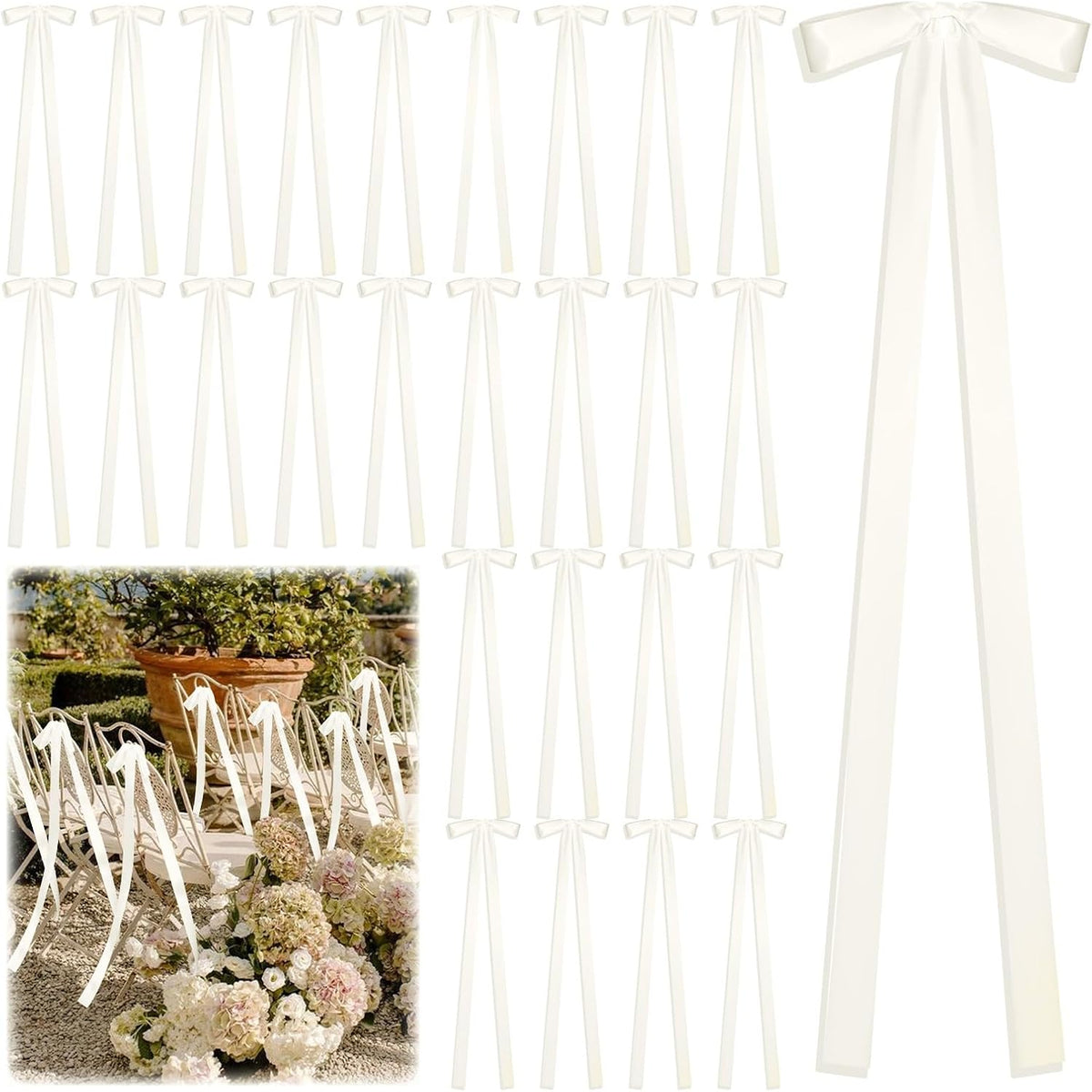 24 Pcs Large Wedding Ivory Ribbon Bows for Wedding Chairs Decorative Ribbon Sashes for Pew Back
