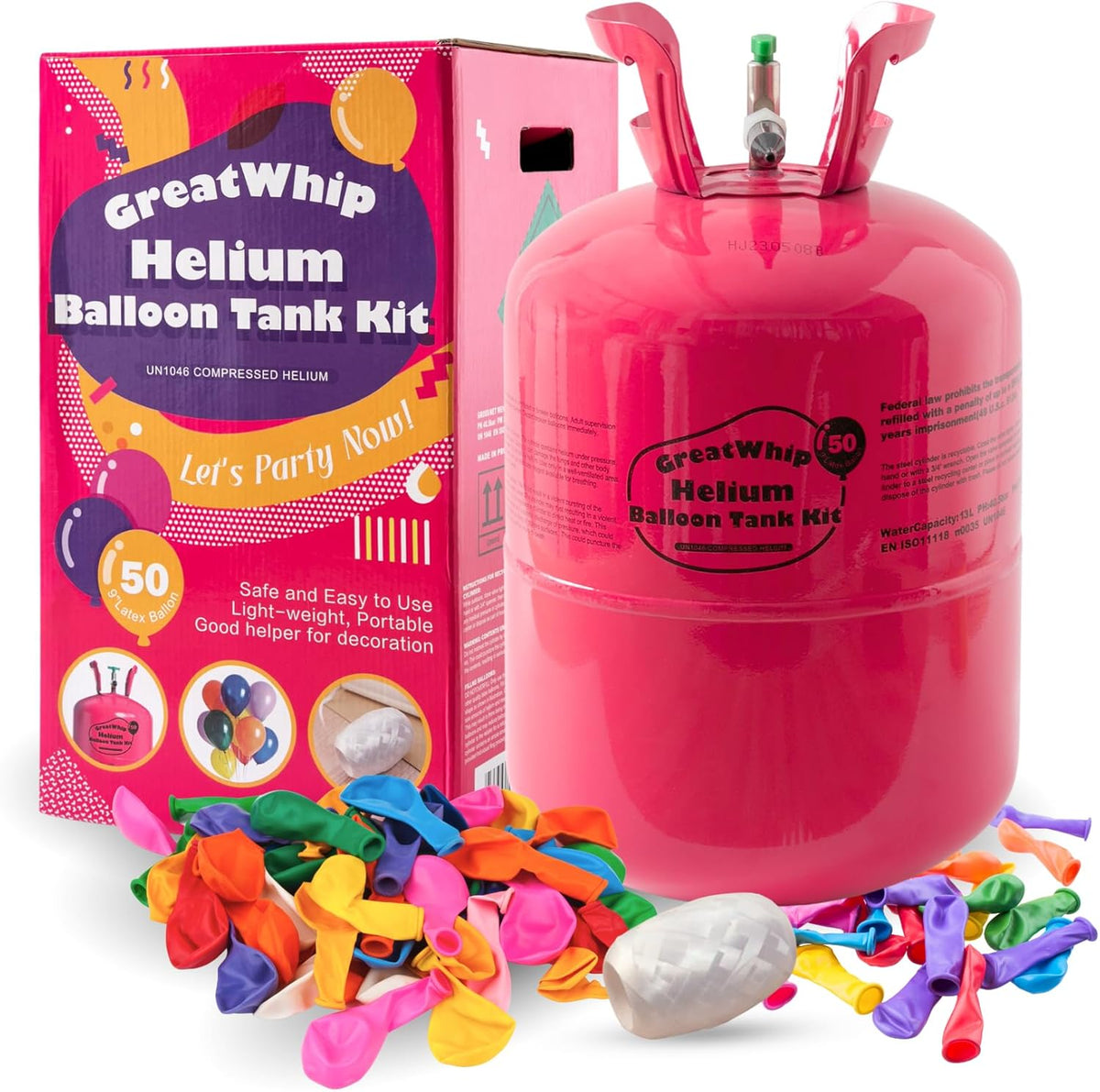 GreatWhip 13L Helium Tank Up To 50 Latex Balloons, Helium Tank For Balloons At Home, 50 Latex
