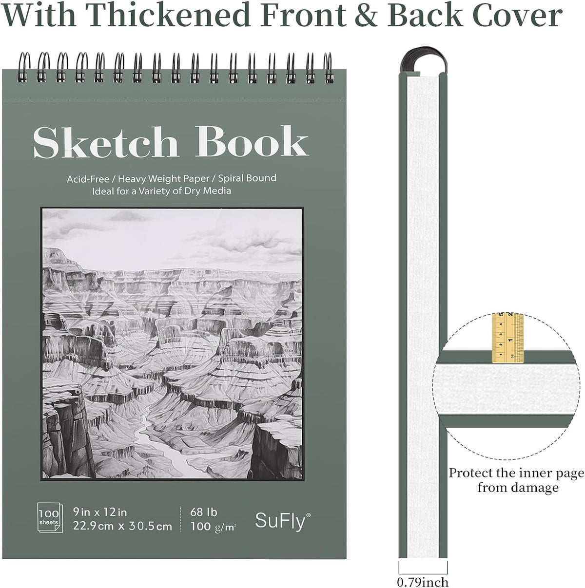 SuFly Sketch Book 9x12, Drawing Paper Pad-68lb/100gsm, Top Spiral Sketchbook Hardcover, 100 Sheets