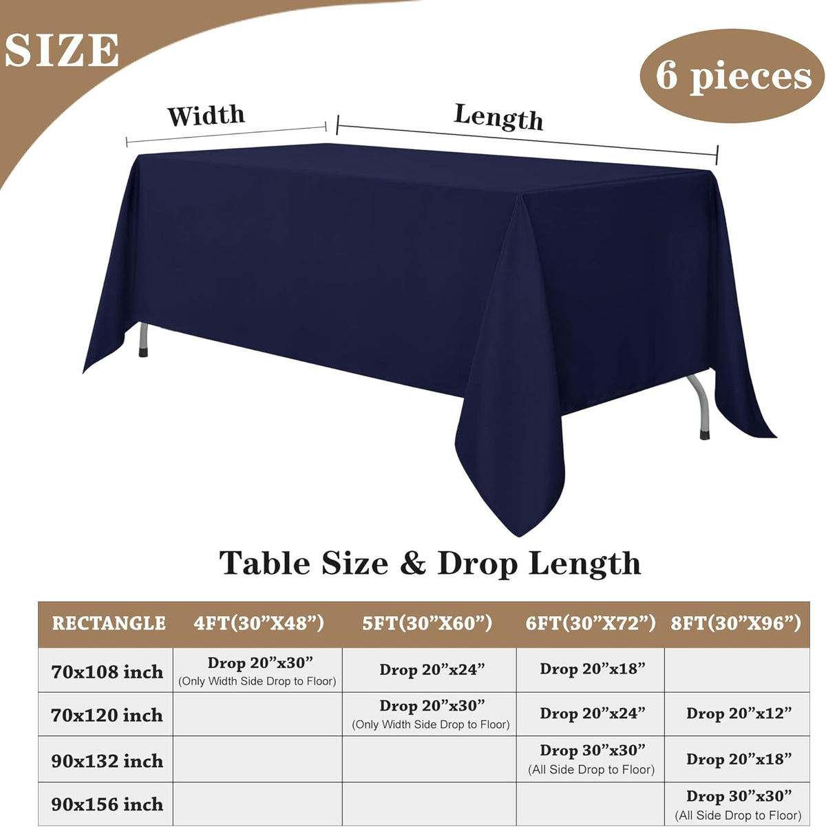 Fitable Navy Rectangle Table Clothes, 6 Pack - 90 x 156 Inch - Reusable and Washable Tablecloths