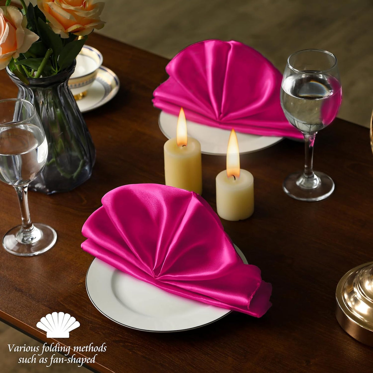 Manyshofu 60 Pieces Hot Pink Satin Napkins - 20x20 Inches Cloth Napkins, Square Satin Fabric