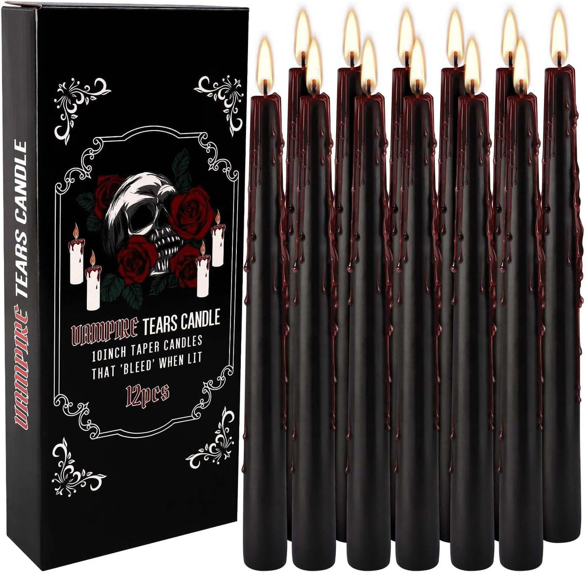 12PCS 10-Inch Black Bleeding Taper Candles,Vampire Tears Taper Candles- Unscented Ideal for