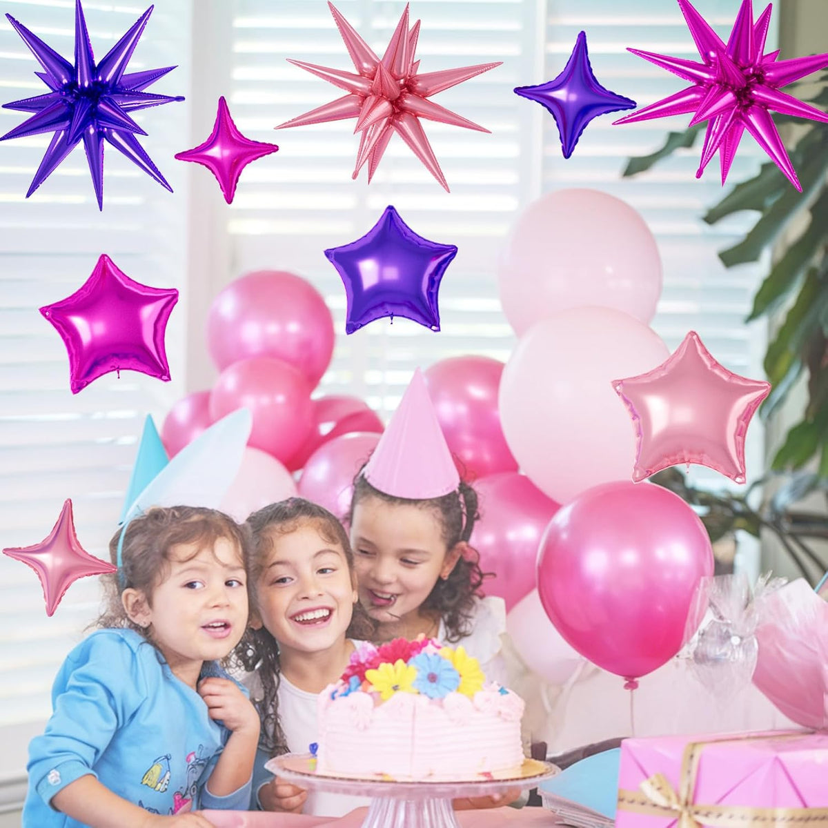 16 Pcs Hot Pink Purple Star Balloons, 22/18/10 Inch Foil Balloons, Four-Pointed Balloon for Girl