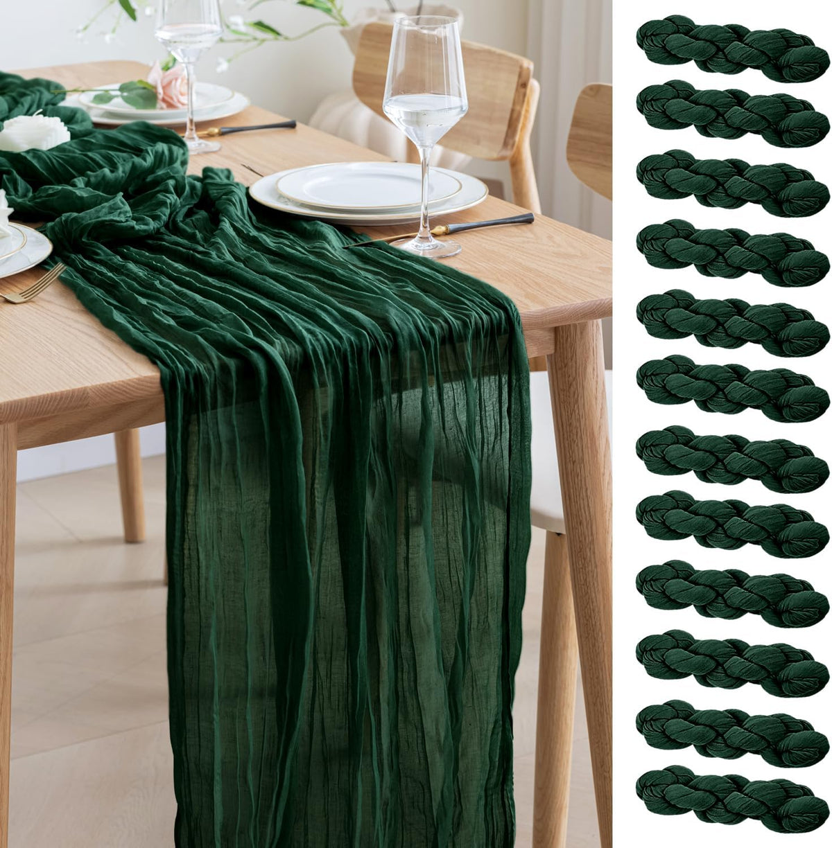 Asee'm 12PCS Table Runner Cheesecloth 10FT Emerald Green Boho Gauze Fabric Rustic Sheer Cheese