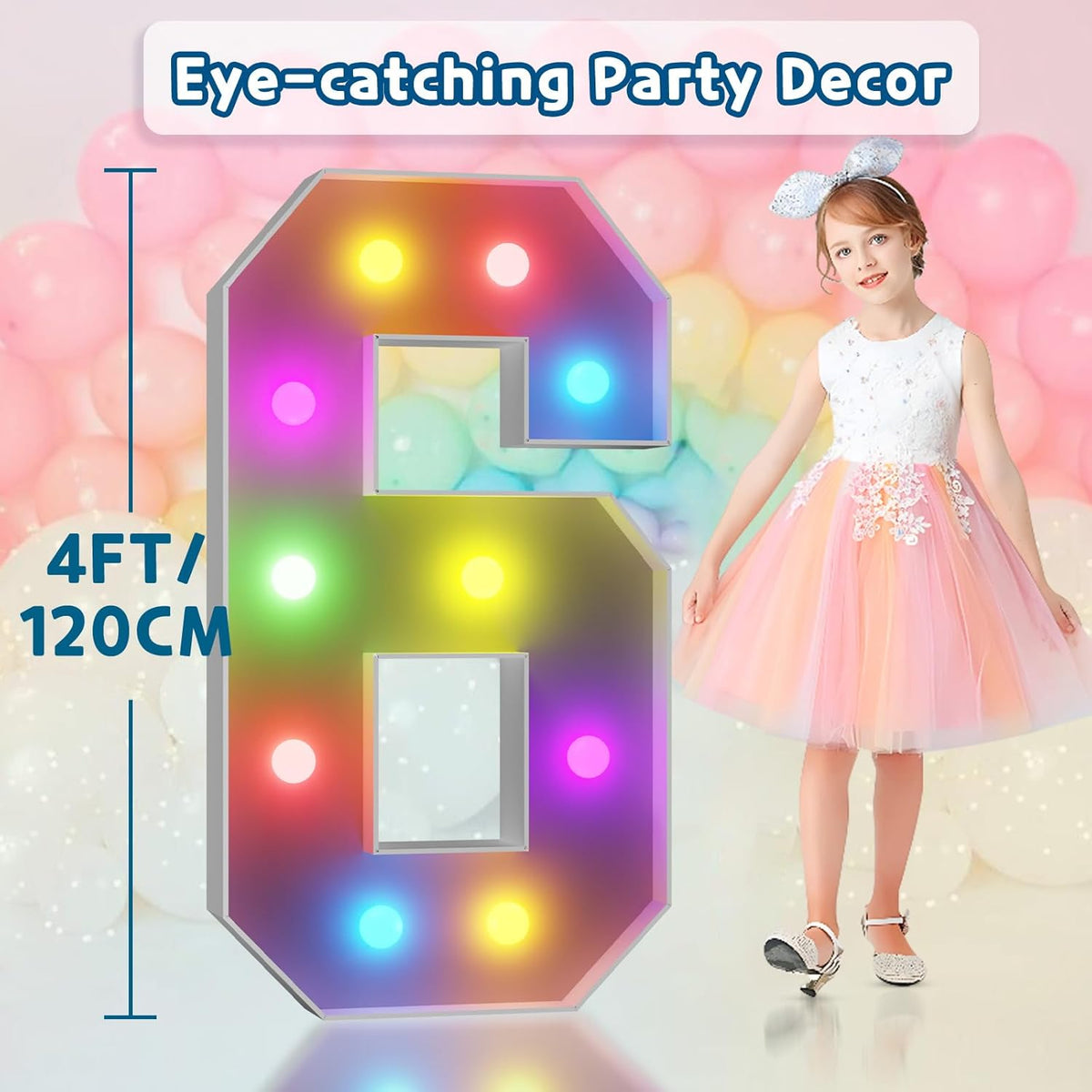 imprsv 4FT Colorful Marquee Numbers,18 Colors Number 6 with Remote, Light Up Numbers Sign for 60th