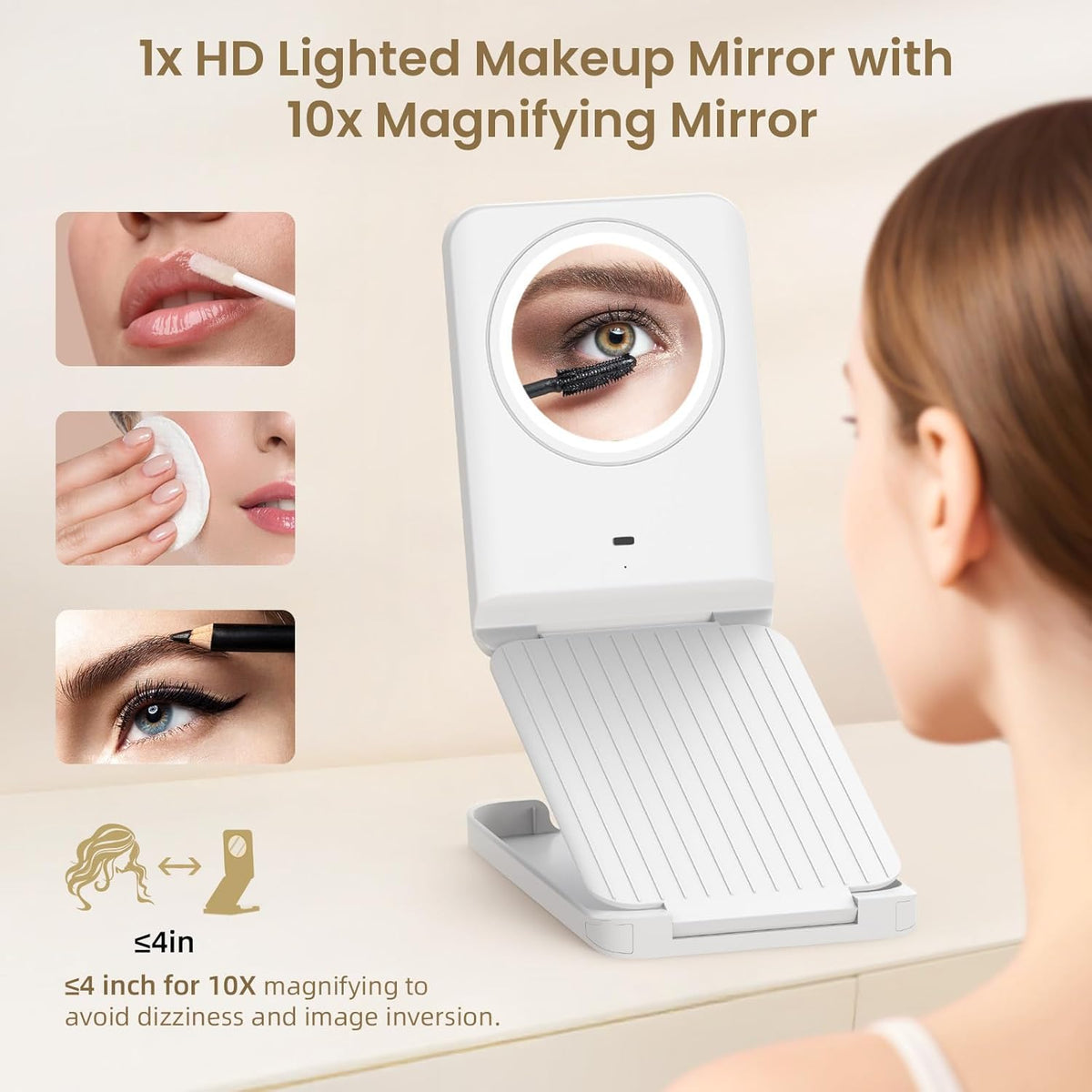 Travel Makeup Mirror with Lights, Foldable 1X Vanity Lighted Mirror with 10X Magnification