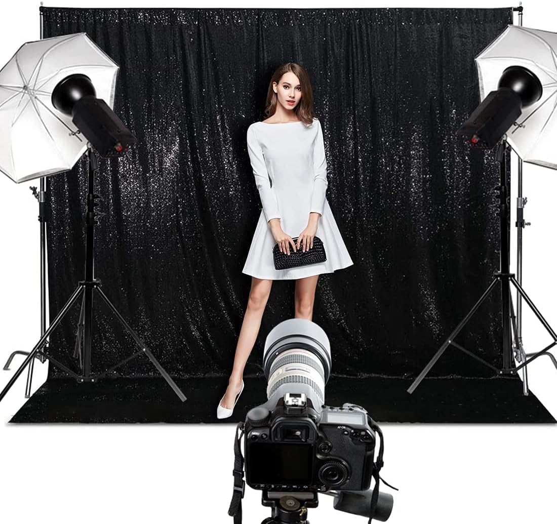 Poise3EHome 7Ft x 7Ft Black Sequin Backdrop, Glitter Thick Satin Sequin Background Drapes, Sequence
