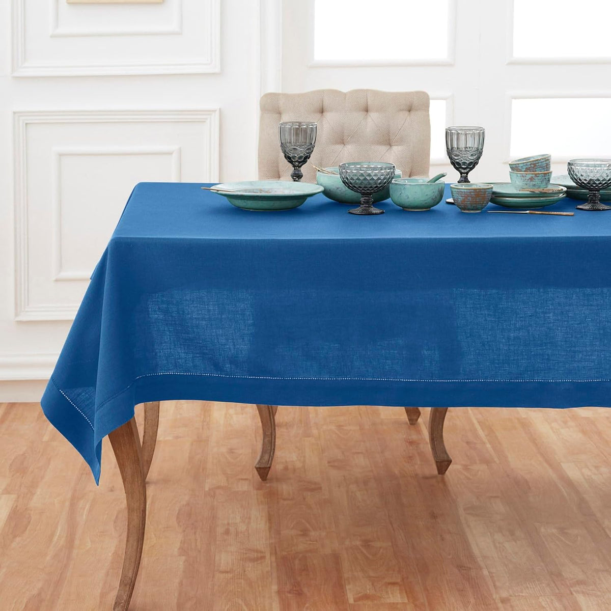 Solino Home Linen Tablecloth 60 x 120 Inch - Classic Hemstitch 100% Pure Linen Indigo Blue Table