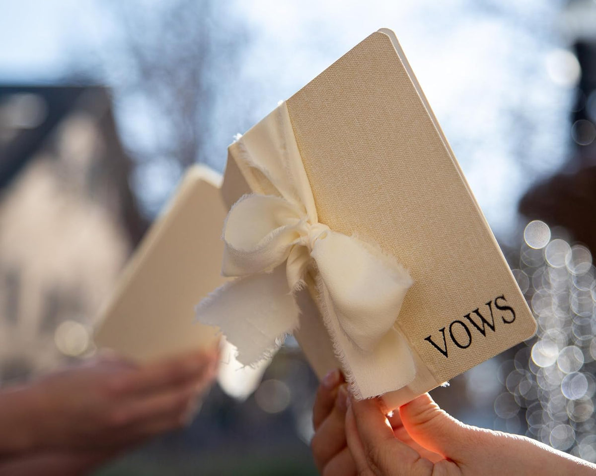 Cream Embossed Slim Vow Books w/Ribbon (Set of 2) - 5.625 x 4 Minimalist Pocket Sized Wedding