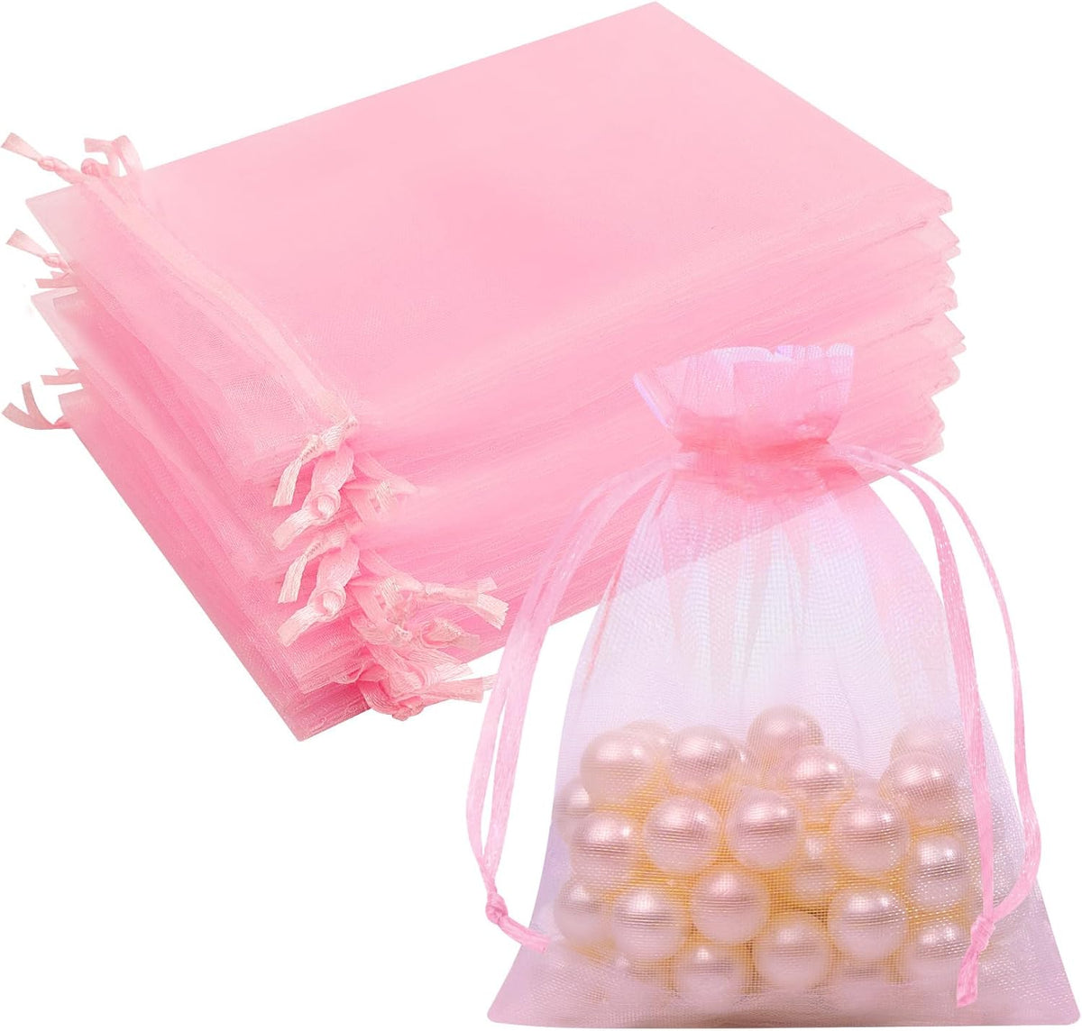 50 Pcs Pink Organza Bags 3x4 Inch, Jewelry Pouch Bags Small Mesh Bag Drawstring Gift Goody Bag for