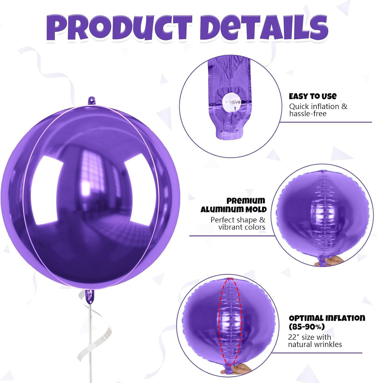 Purple Giant 4D Foil Balloons, 6 Pcs Large Dark Purple Metallic Round Balloons, 22 Inch Big Round
