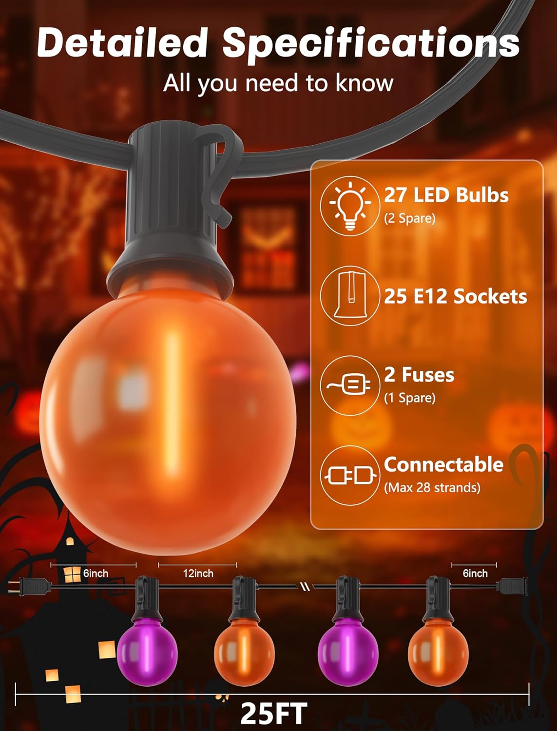 25ft Halloween String Lights Outdoor - G40 LED Orange and Purple String Lights with 27 Frosted