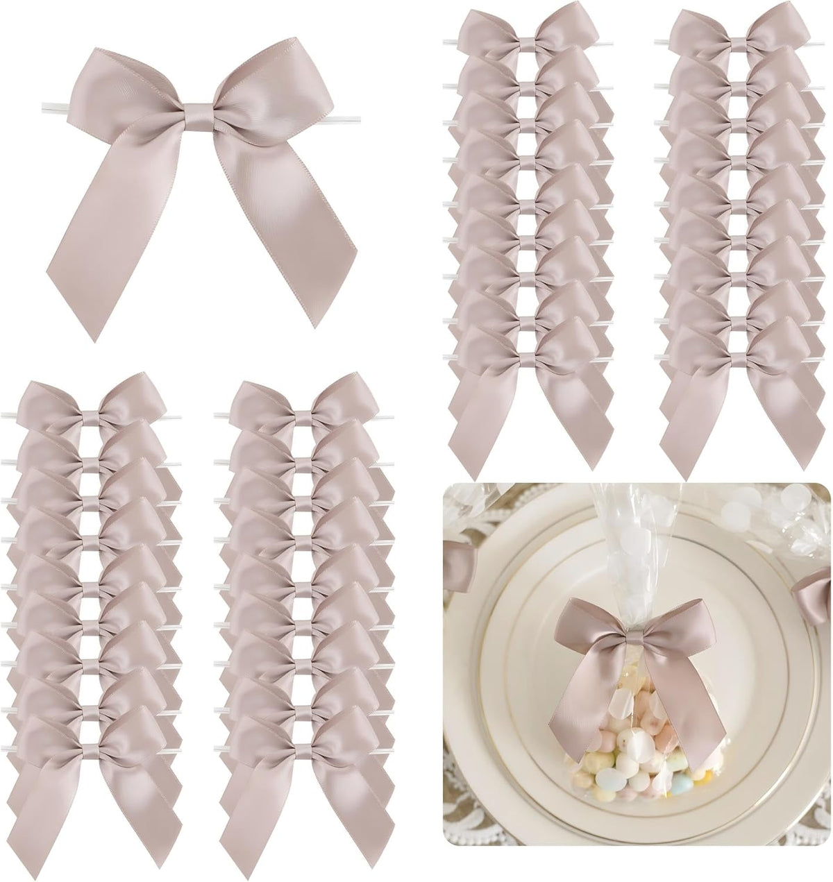 3.5" Dusty Rose Bow Satin Pre-Tied Bows for Gift Wrapping, Small Bows for Crafts, Pink Bows, Candy