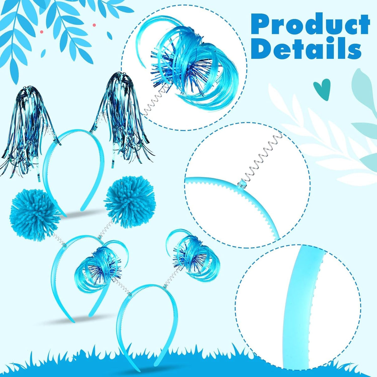 Censen 12 Pcs Halloween Pom Pom Party Headbands Tinsel Ponytails Spirit Head Bopper Headwear for