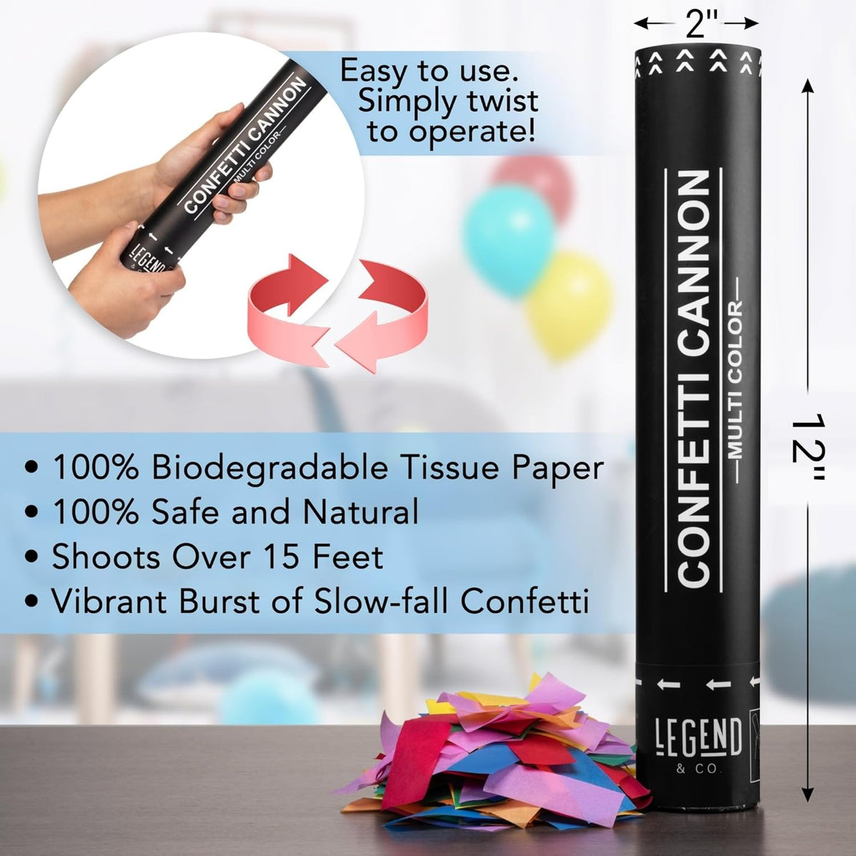 Legend & Co. 12 inch Confetti Cannons Multicolor | Biodegradable Confetti & Air Powered | Launches