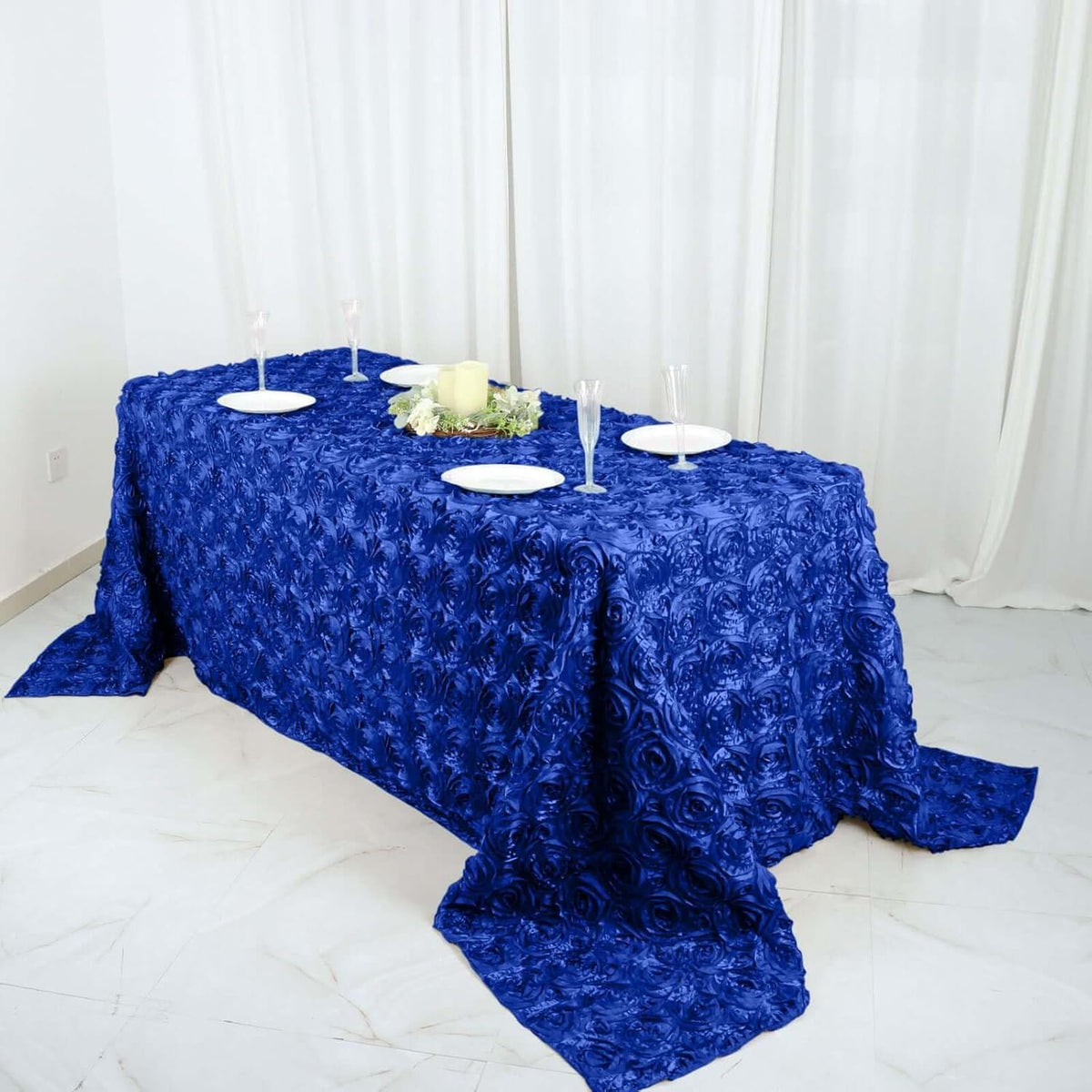 Efavormart 90"x132" Wholesale Rectangle Table Cover Royal Blue Grandiose Rosette 3D Satin