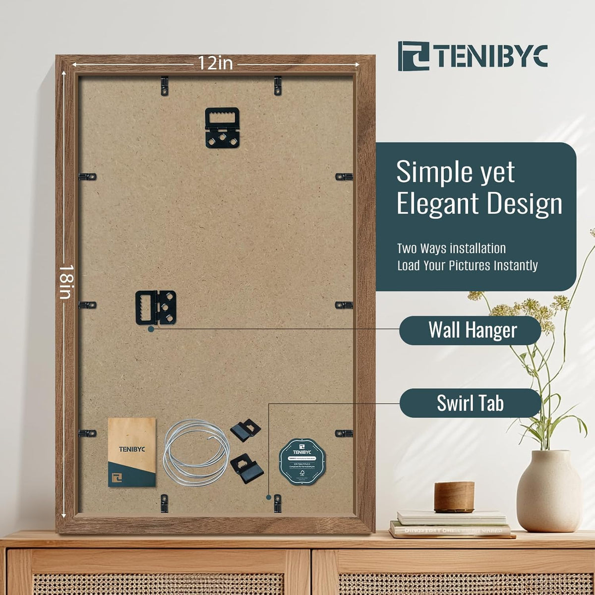 12x18 Frame Set of 4, Brown Grain, Walnut Wood & HD Tempered Glass, 12x18 Poster Picture Frame