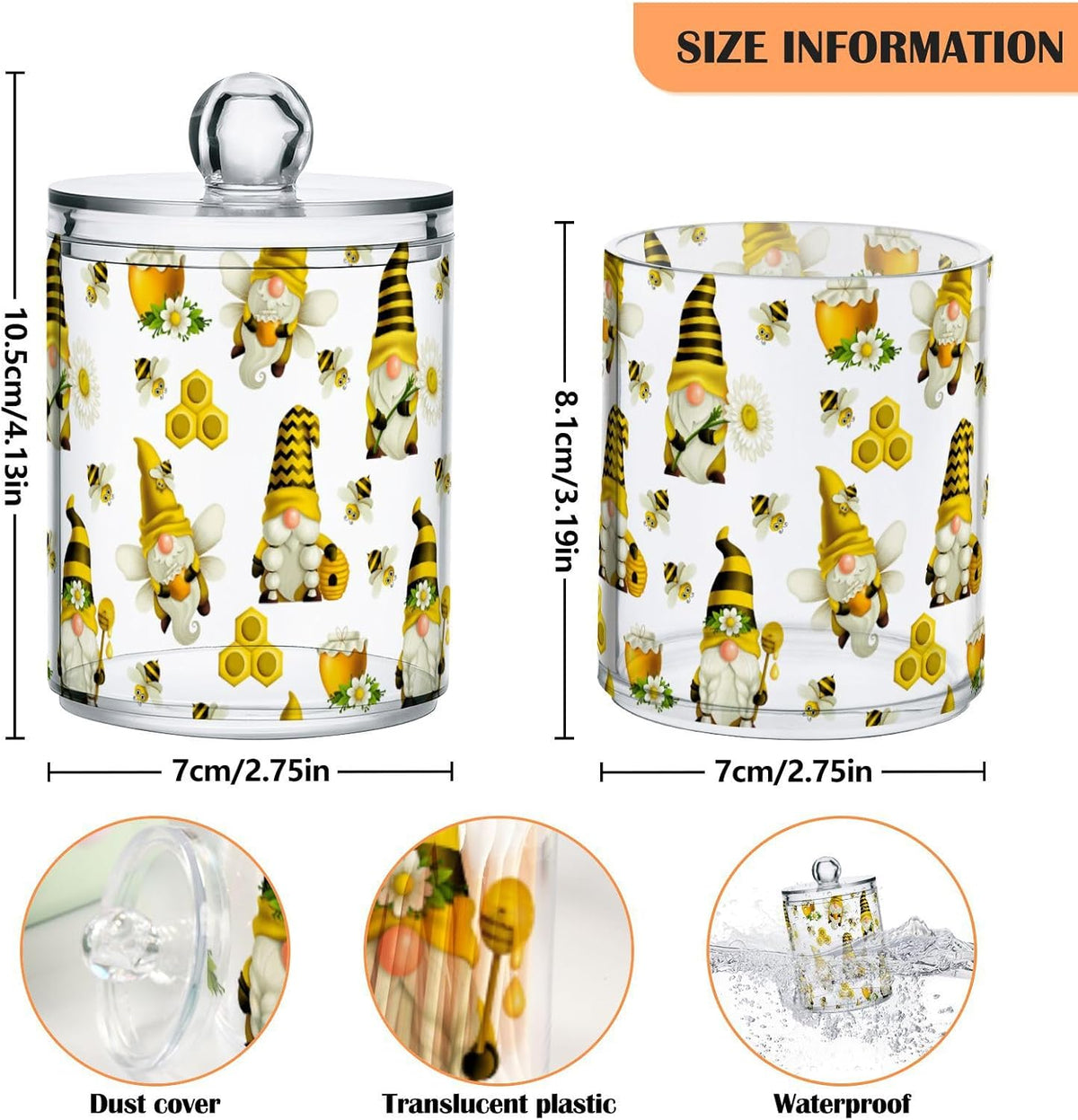 Qtip Holder Dispenser 4 Pack Gnome Bees Flying Dwarf Daisy Apothecary Jars with Lids Bathroom