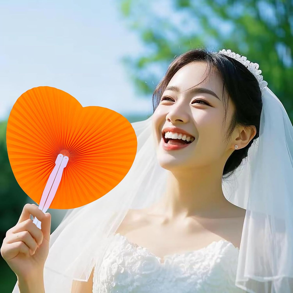 12 Packs Decorative Paper Folding Hand Fans Handheld,Orange Heart Foldable Wedding Fans Chinese and