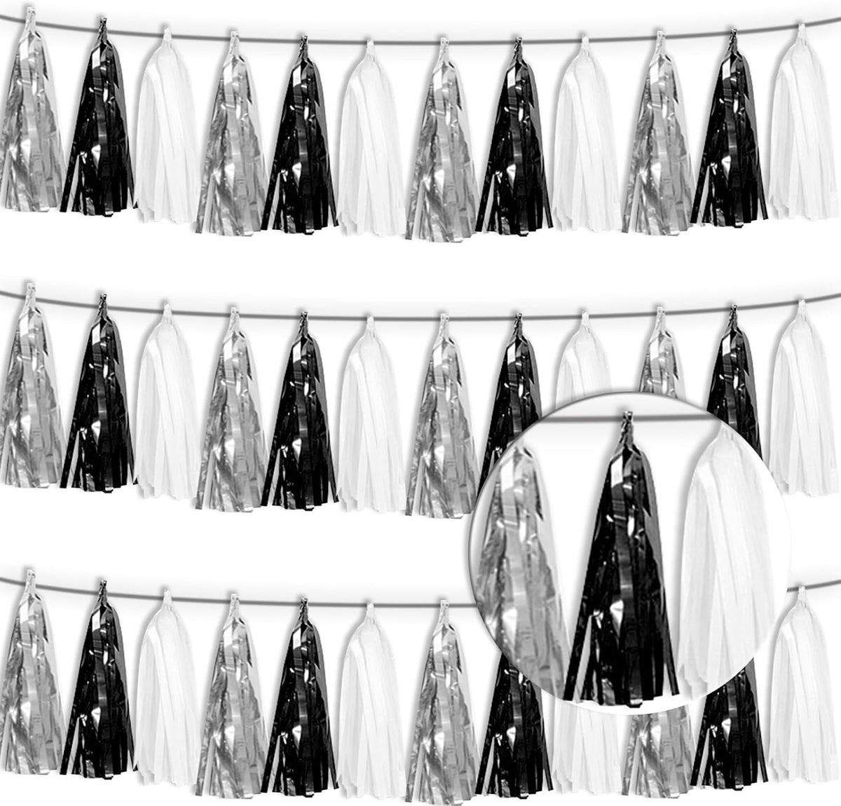 3P Black Silver White Metallic Fringe Tassel Banner Garland Foil Tinsel Streamer Wall Hanging