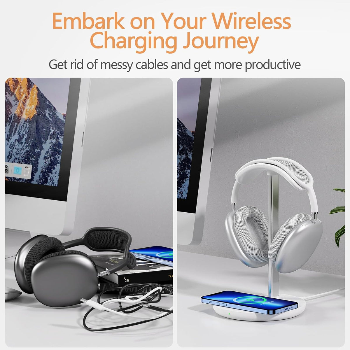 Headphone Stand with Wireless Charger, Gaming Headset Holder Hanger Rack 2 in 1 Wireless Charging