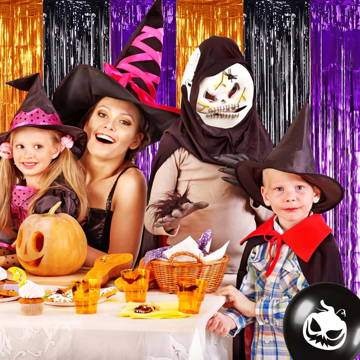 TONIFUL 2Pcs Orange Purple Black Metallic Tinsel Foil Fringe Curtains,3.28ft x 6.56ft Halloween